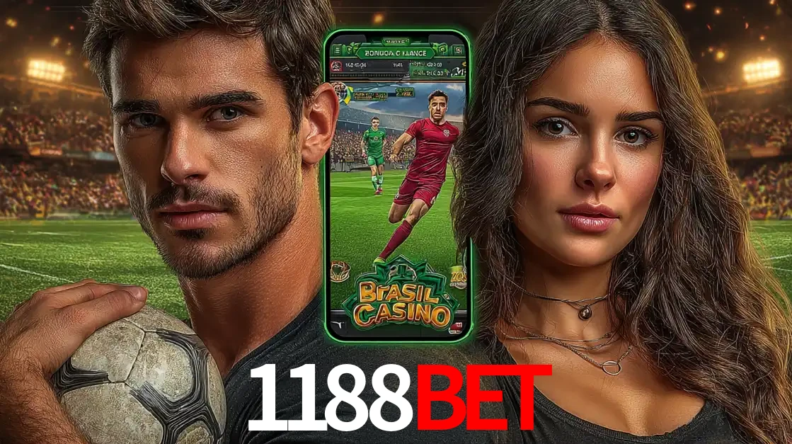 Homem segurando uma bola de futebol e uma mulher ao lado de um smartphone exibindo o jogo de apostas esportivas da 1188BET. Faça seu palpite no cassino online.